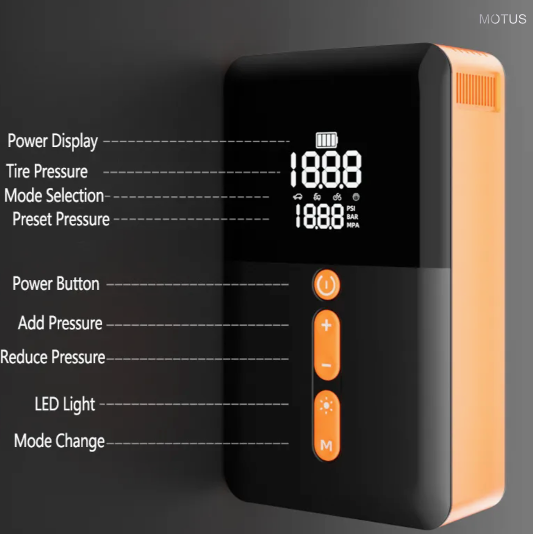 Motus 816 3 in 1 Car Battery Jump Starter, tire inflator and powerbank